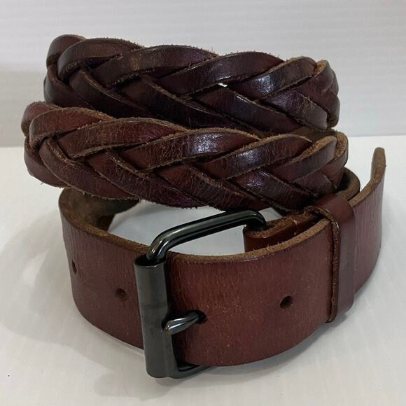 Braided Leather Belt FRENCH CONNECTION 37” - 42” Brown w/ Gunmetal Grey Buckle - Picture 1 of 5